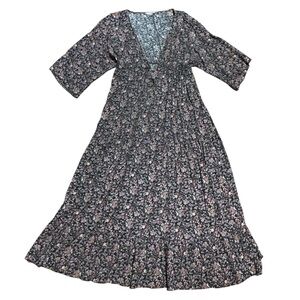 Garnet Hill Floral Dress Ties Top Black Purple Size 8 Petite Tiered Maxi